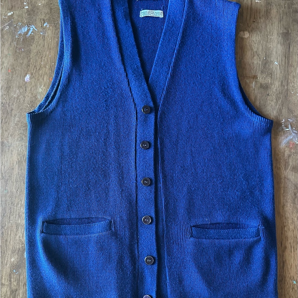 50/60s Vintage Men's Blue Cardigan Vest - Du Pont Orlon Acrylic